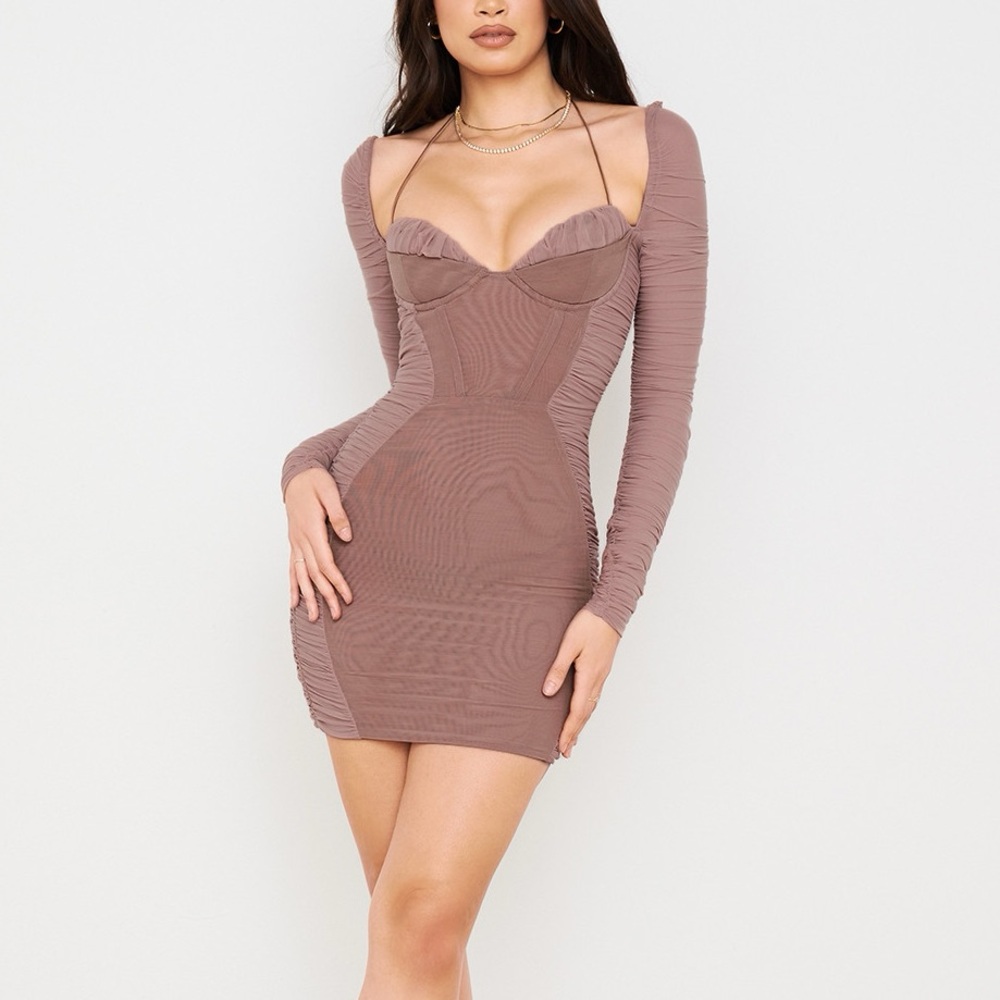 House of CB Sebastiana‎ Mocha Ruched Corset Bodycon Mini Dress Women’s Small